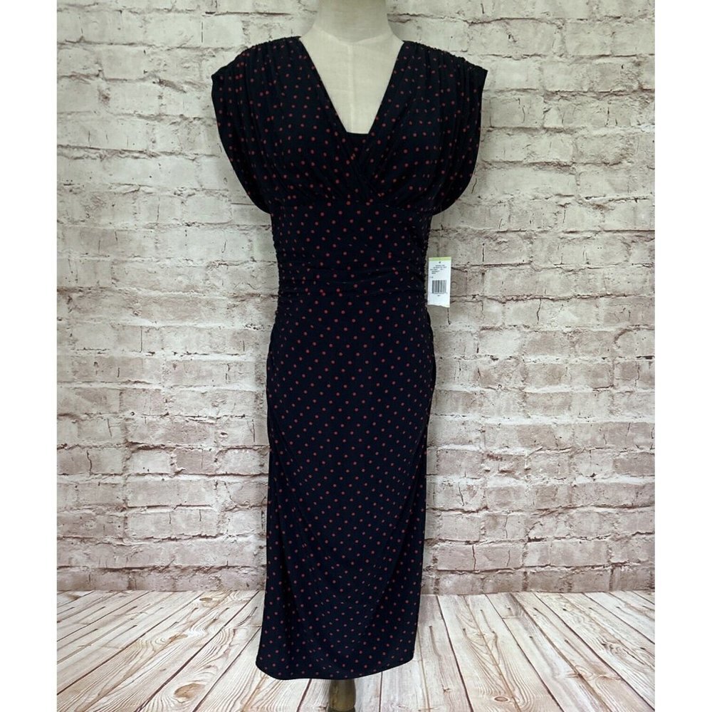Evan Picone Womens Dress Navy Blue Red Polka Dot Surplice Ruched Size 4 NEW - Picture 2 of 5